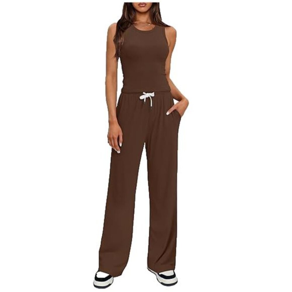 NEW- Darong Brown 2 Piece Lounge Set Tank Tops and Wide Leg Pants- Women's L